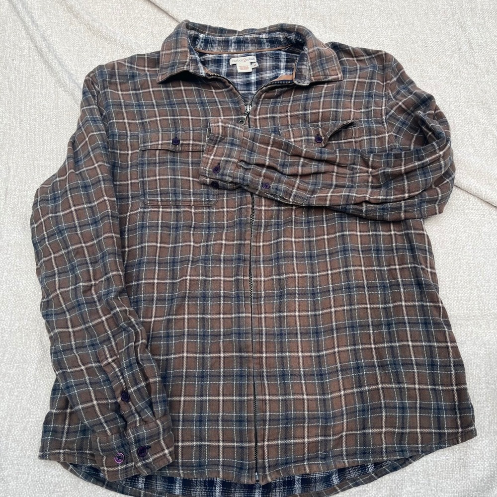 Carbon2Cobalt Mens Brown Blue Plaid Full Zip Flannel Shirt Jacket Size M Cotton - Picture 2 of 9